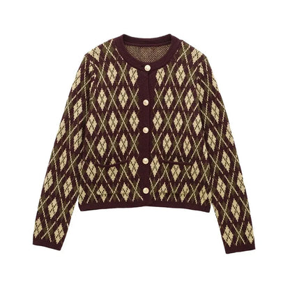 Check Plaid Knitted Cardigans Women Single Breasted Casual Loose Elegant Sweaters Long Sleeve Chic Coats 2024 Winter Lady Tops