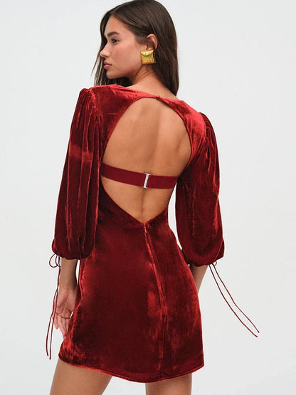 Velvet Puff Sleeve Tie Cuff Open Back Buckle Strap Mini Dress