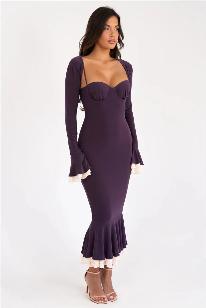 Spaghetti Strap Sweetheart Bolero Bell Sleeve Ruffle Fishtail Midi Dress