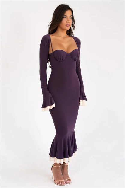 Spaghetti Strap Sweetheart Bolero Bell Sleeve Ruffle Fishtail Midi Dress