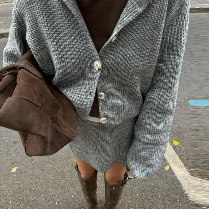 Knitted Skirts 2 Piece Set Women Fashion Lapel Flare Button Knitted Cardigan Top Mini Skirt Autumn Lady All-matching Outfit