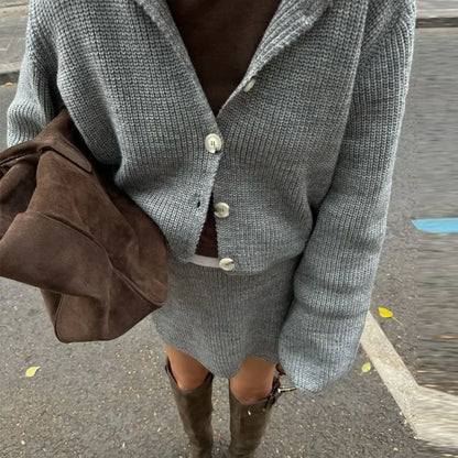 Knitted Skirts 2 Piece Set Women Fashion Lapel Flare Button Knitted Cardigan Top Mini Skirt Autumn Lady All-matching Outfit