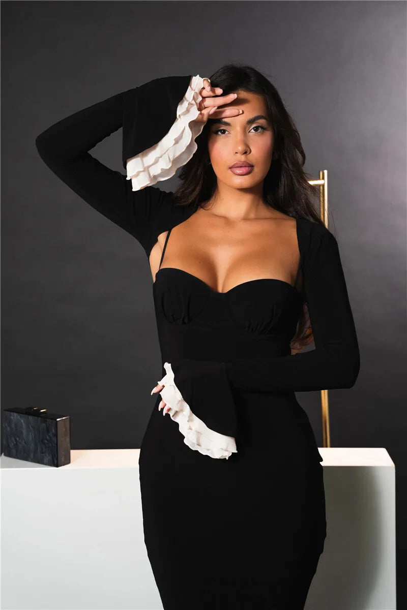 Spaghetti Strap Sweetheart Bolero Bell Sleeve Ruffle Fishtail Midi Dress