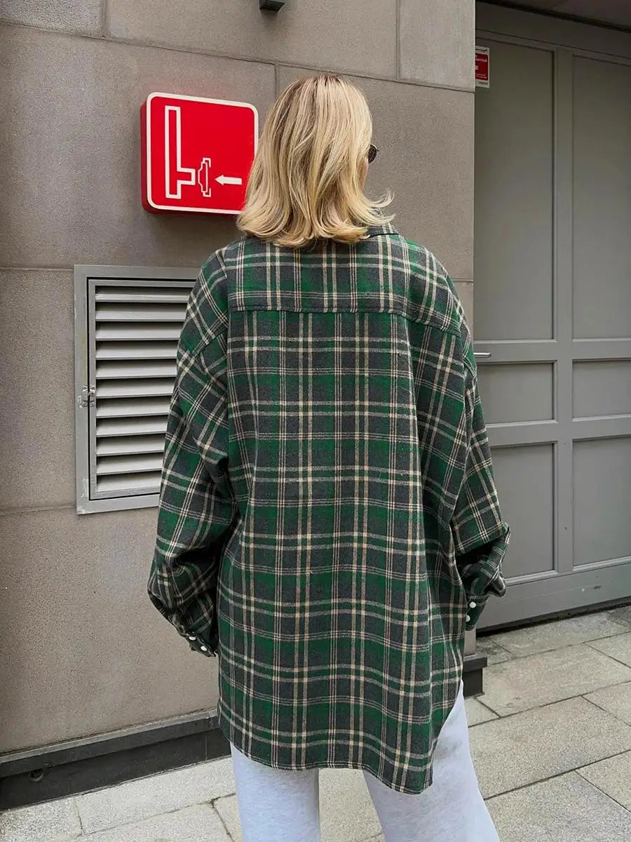 Women's Vintage Checked Flannel Shirt – Loose Fit Long Sleeve Top