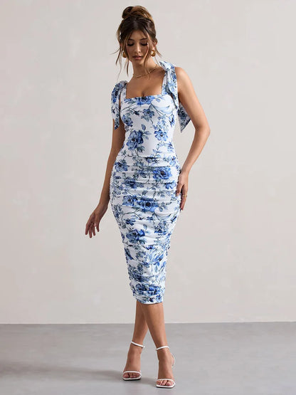 Floral Print Square Neck Tie Shoulder Strap All-Over Ruched Bodycon Midi Dress