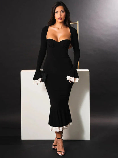 Spaghetti Strap Sweetheart Bolero Bell Sleeve Ruffle Fishtail Midi Dress