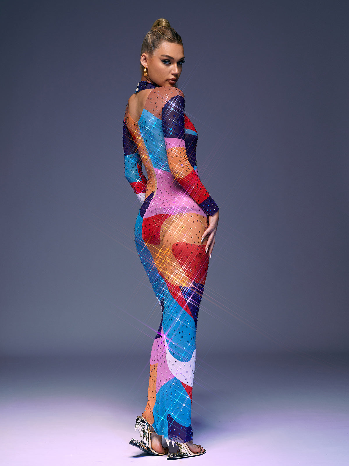 Abstract Print Rhinestone Mesh Mock Neck Long Sleeve Maxi Dress