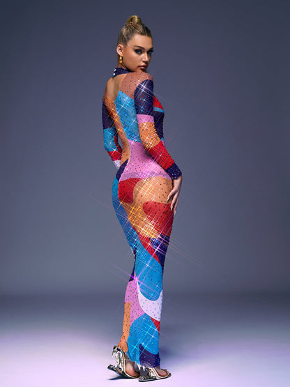 Abstract Print Rhinestone Mesh Mock Neck Long Sleeve Maxi Dress