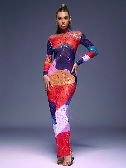 Abstract Print Rhinestone Mesh Mock Neck Long Sleeve Maxi Dress