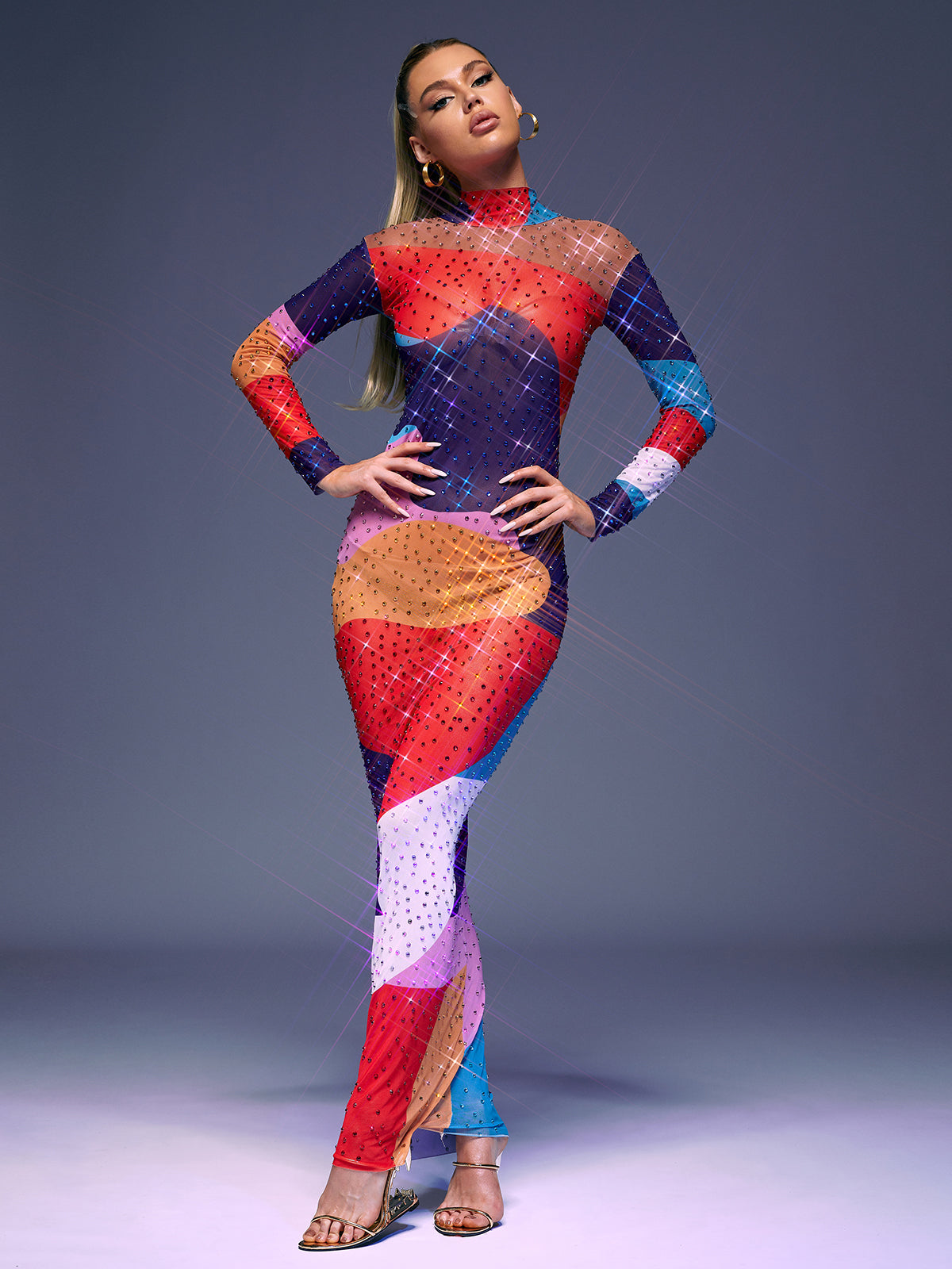 Abstract Print Rhinestone Mesh Mock Neck Long Sleeve Maxi Dress