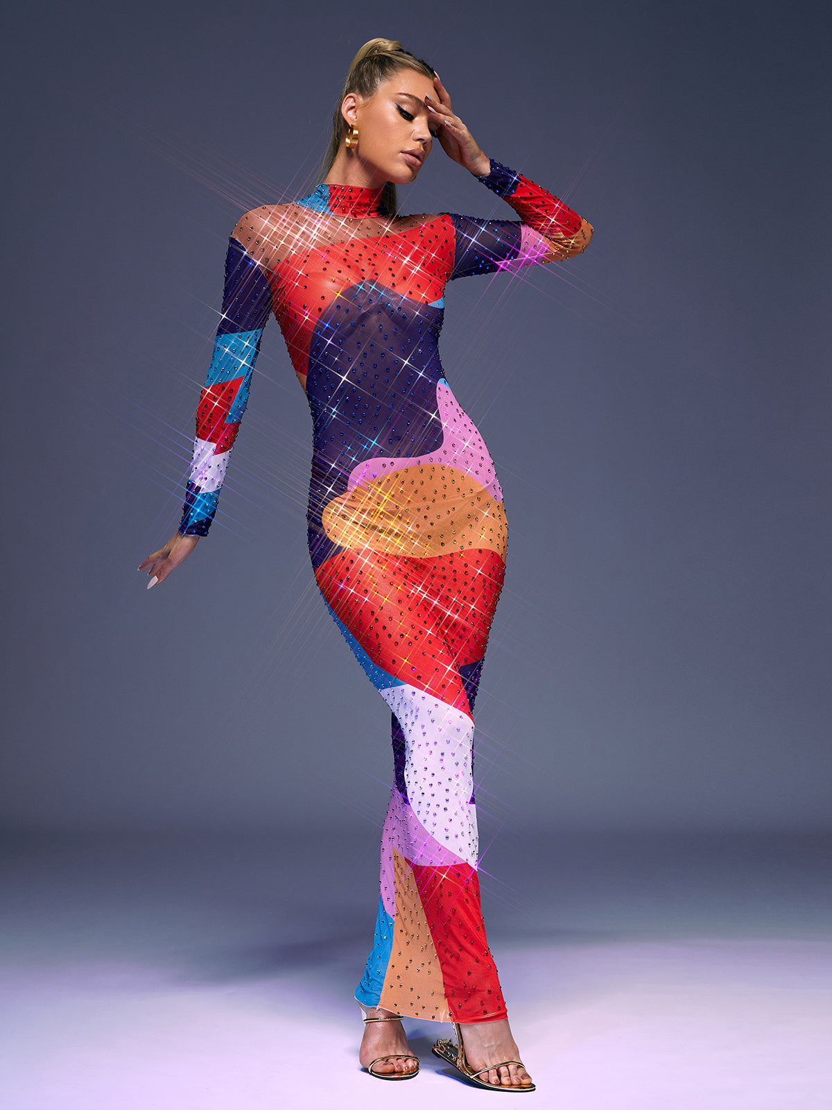Abstract Print Rhinestone Mesh Mock Neck Long Sleeve Maxi Dress