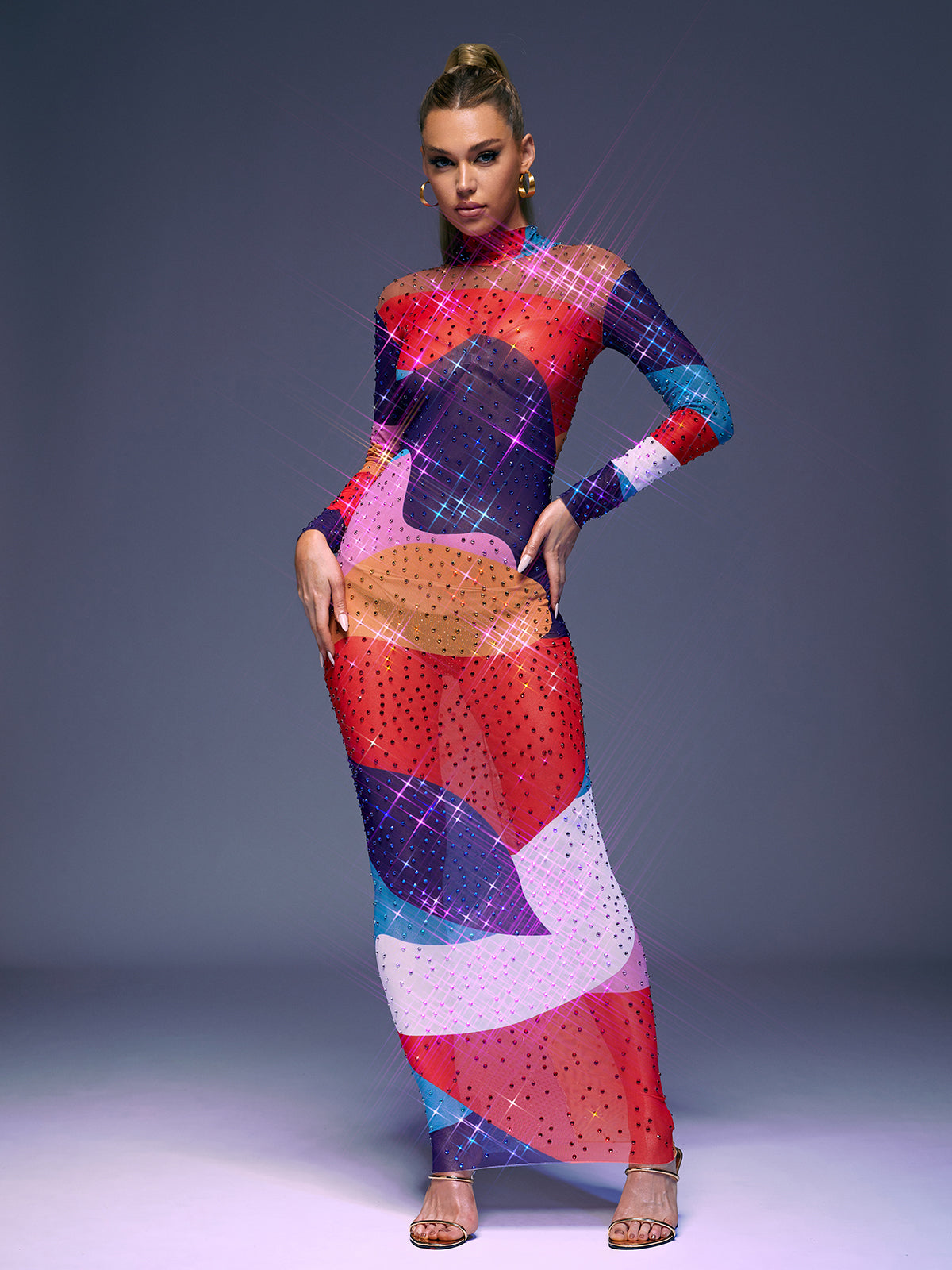 Abstract Print Rhinestone Mesh Mock Neck Long Sleeve Maxi Dress