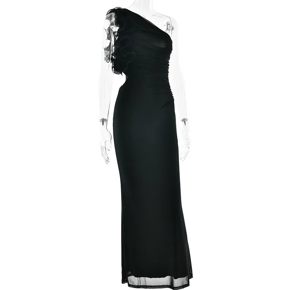 One-Shoulder Floral Ruffle Strap Ruched Side Cutout Mermaid Maxi Dress