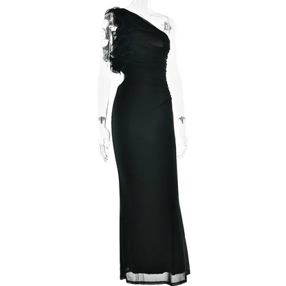 One-Shoulder Floral Ruffle Strap Ruched Side Cutout Mermaid Maxi Dress