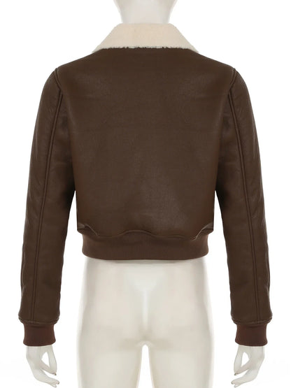 Casual Solid Patchwork Pu Leather Jackets Basic Turn-Down Collar Long Sleeve Coats Women Autumn Winter Fashion Lady