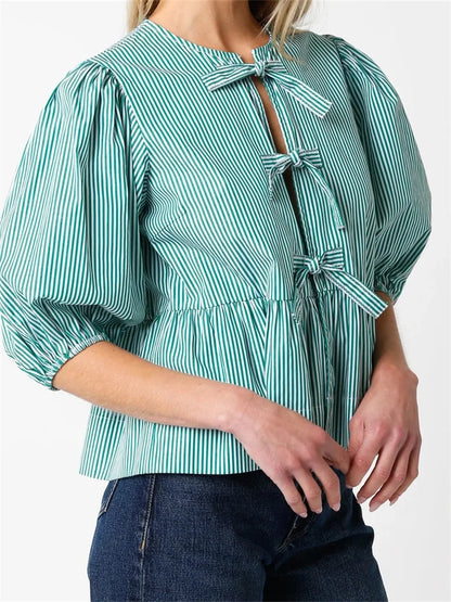 Front Split Bowknot Tie-Up Puff Sleeve Blouse