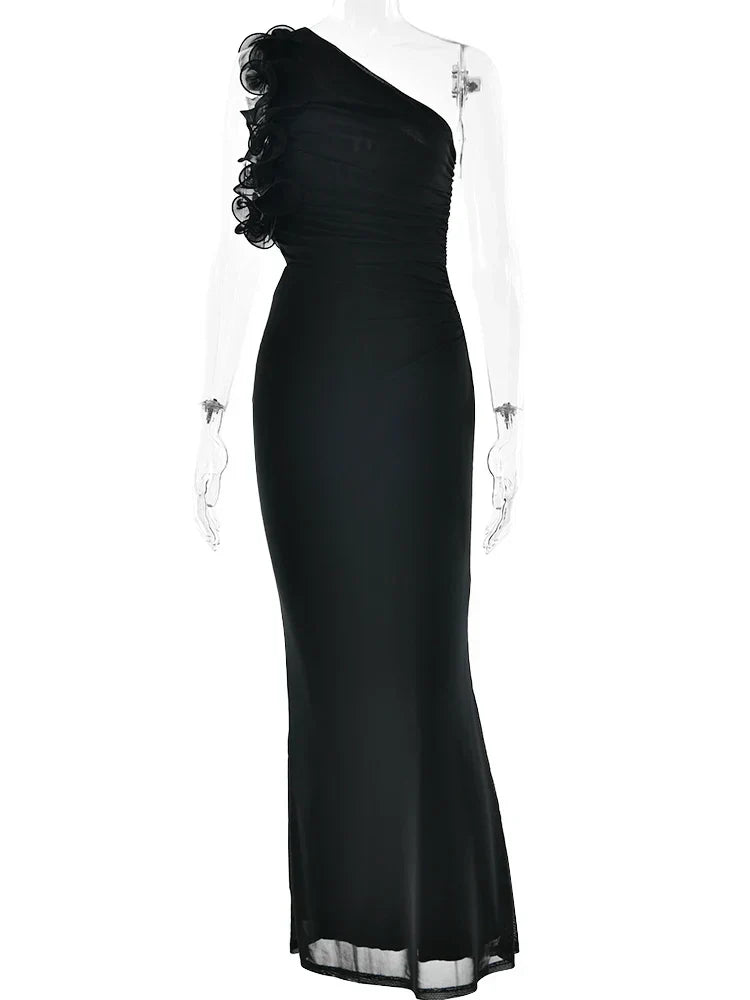 One-Shoulder Floral Ruffle Strap Ruched Side Cutout Mermaid Maxi Dress