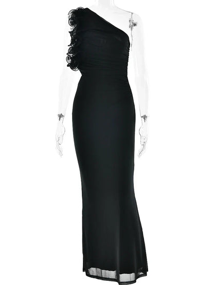 One-Shoulder Floral Ruffle Strap Ruched Side Cutout Mermaid Maxi Dress