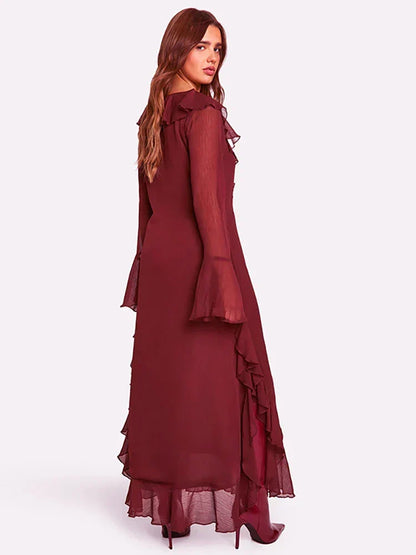 Ruffle Trim Flare Sleeve Deep V Neck Maxi Dress