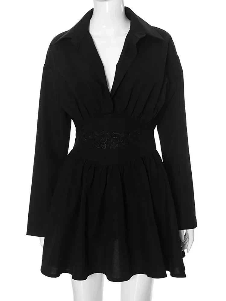 Point Collar Deep V Embroidered Waist Pleated Skater Mini Dress