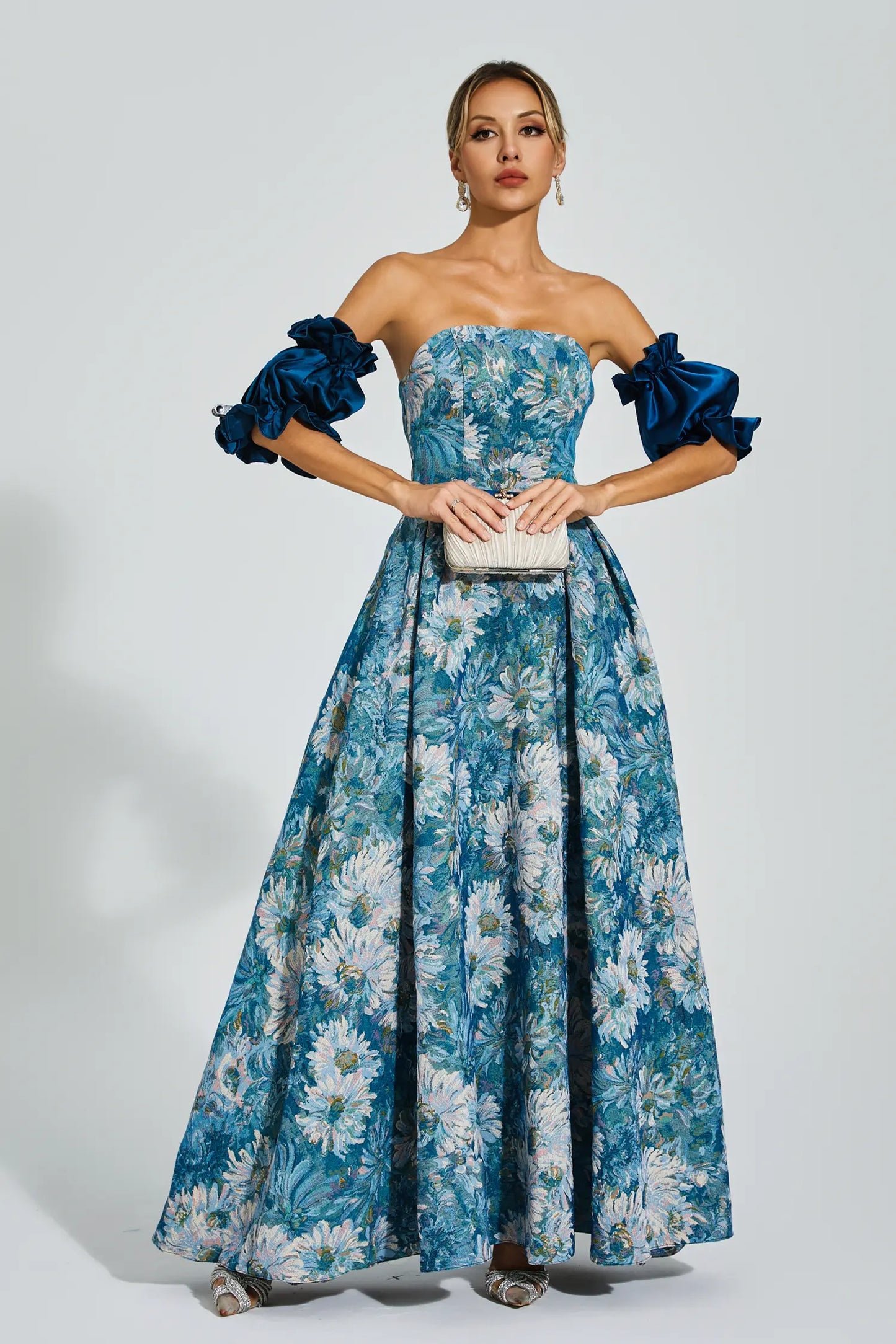 Samia Blue Puff Sleeves Off Shoulder Dress