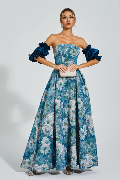 Samia Blue Puff Sleeves Off Shoulder Dress