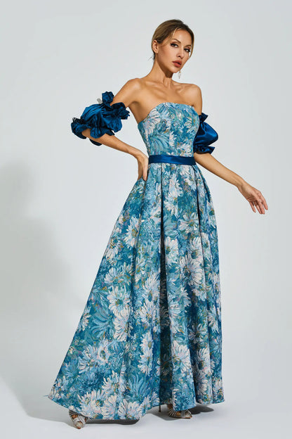 Samia Blue Puff Sleeves Off Shoulder Dress