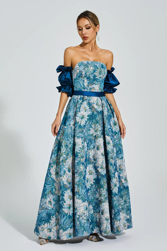 Samia Blue Puff Sleeves Off Shoulder Dress
