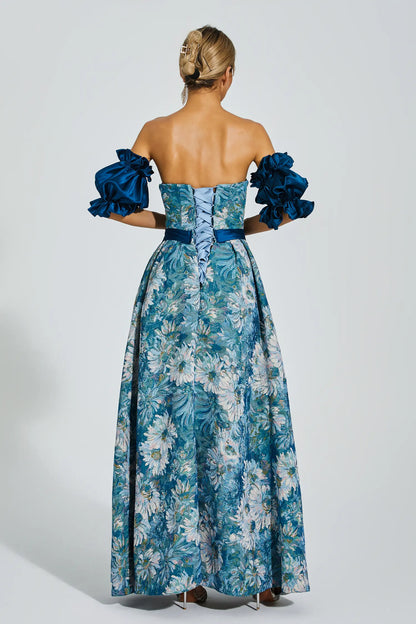 Samia Blue Puff Sleeves Off Shoulder Dress