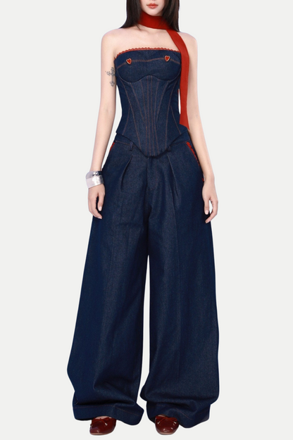 Zamira Strapless Lace Up Denim Set