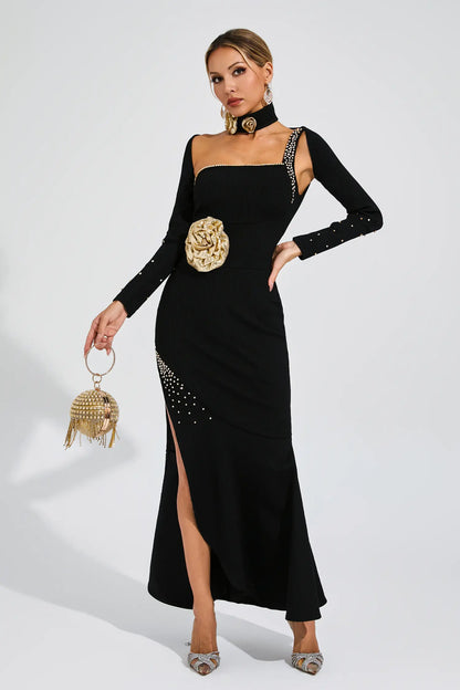 Sandy Black Slit Gold Rose Bandage Dress