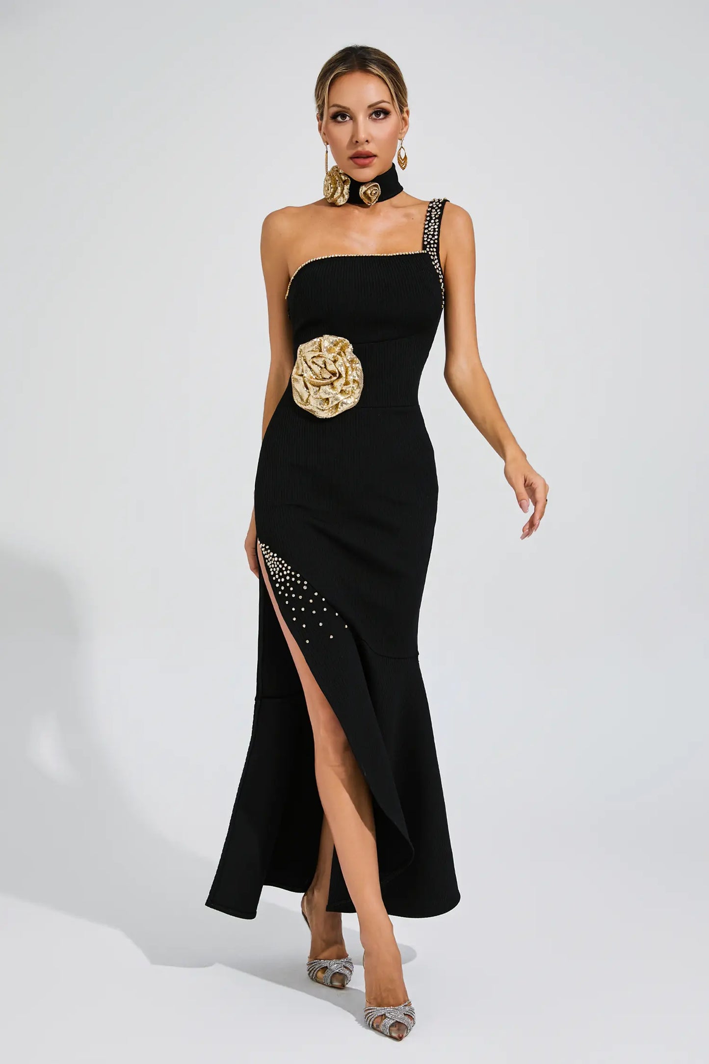 Sandy Black Slit Gold Rose Bandage Dress