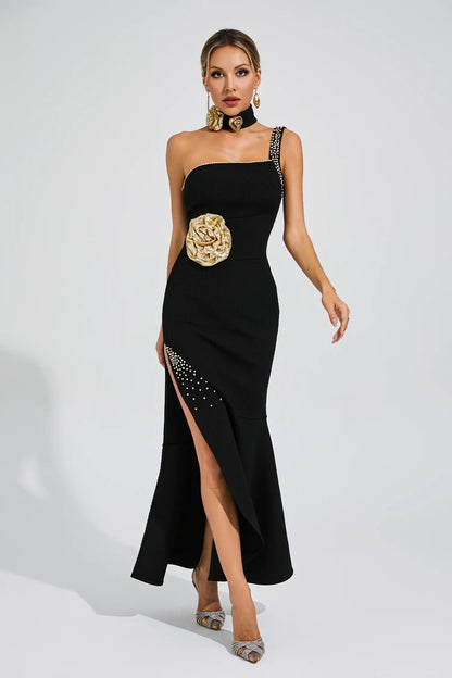 Sandy Black Slit Gold Rose Bandage Dress