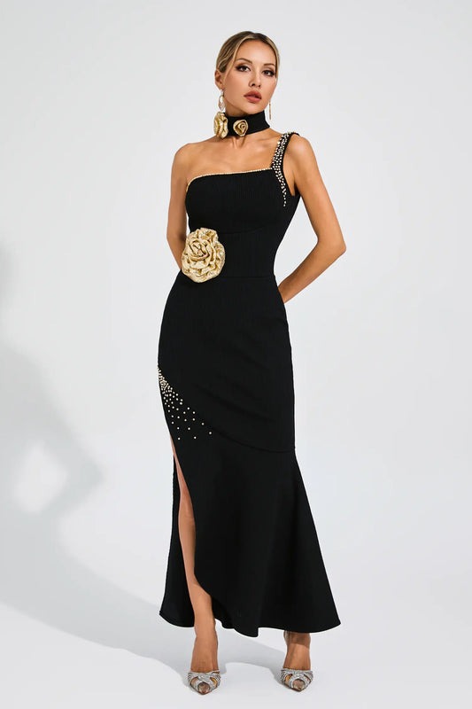 Sandy Black Slit Gold Rose Bandage Dress