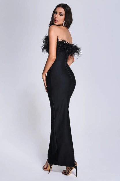 Sandy Black Feather Off Shoulder Bandage Maxi Dress