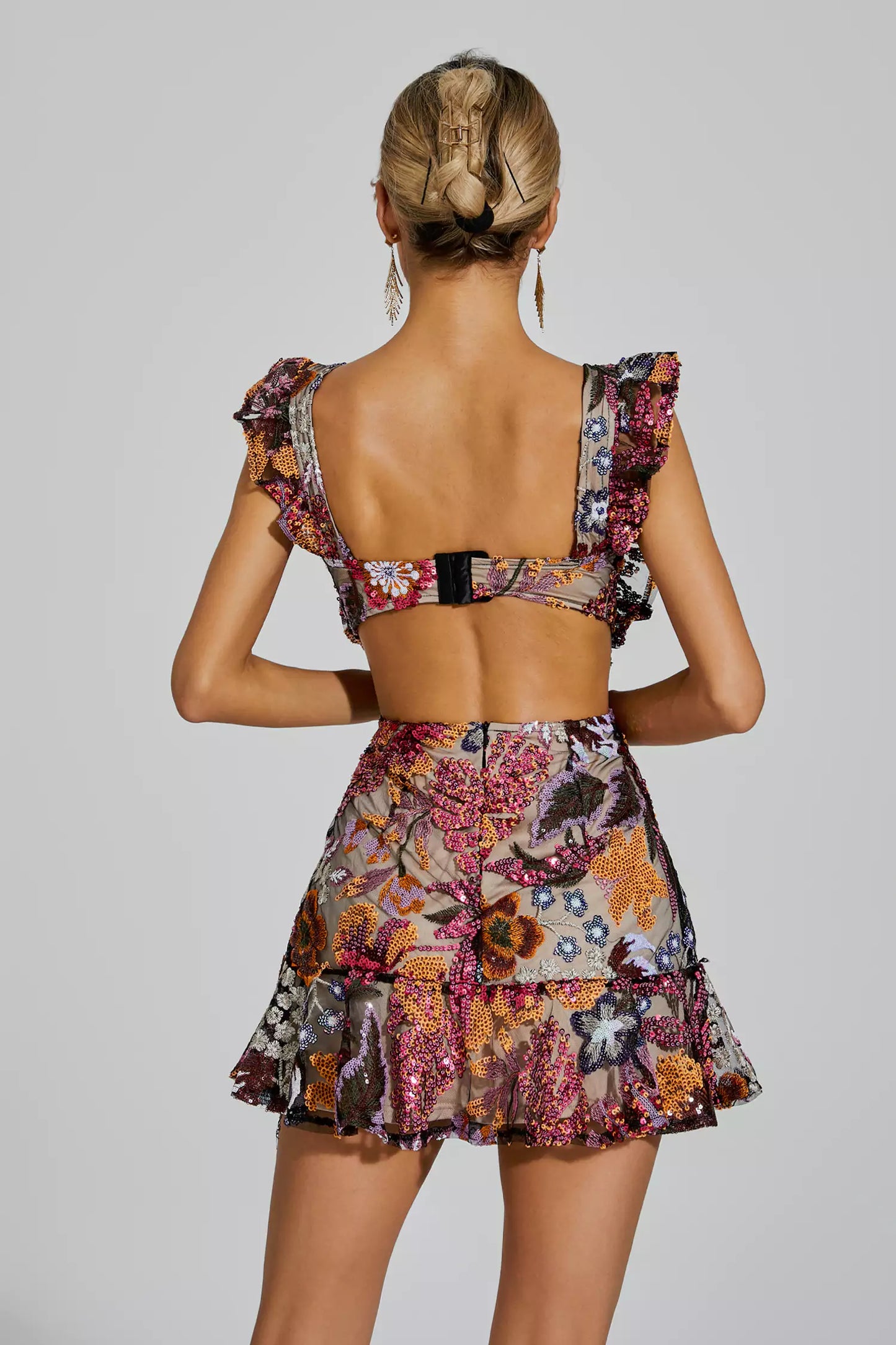 Sarai Brown Ruffle Floral Cutout Mini Dress