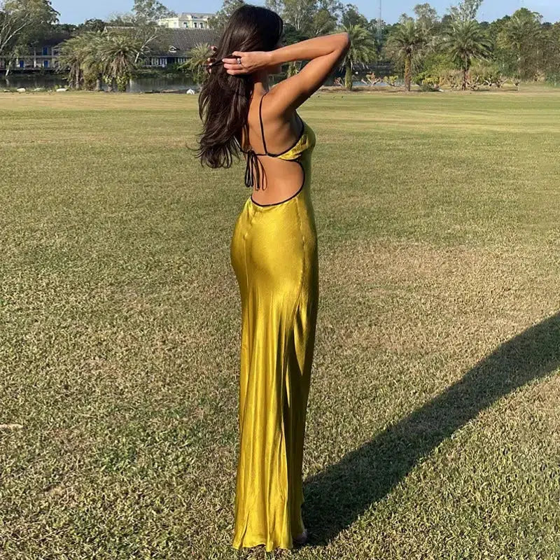 Keyhole Plunge Spaghetti Strap Open Back Satin Maxi Dress