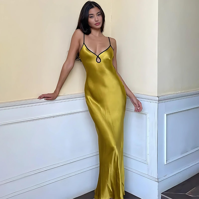 Keyhole Plunge Spaghetti Strap Open Back Satin Maxi Dress