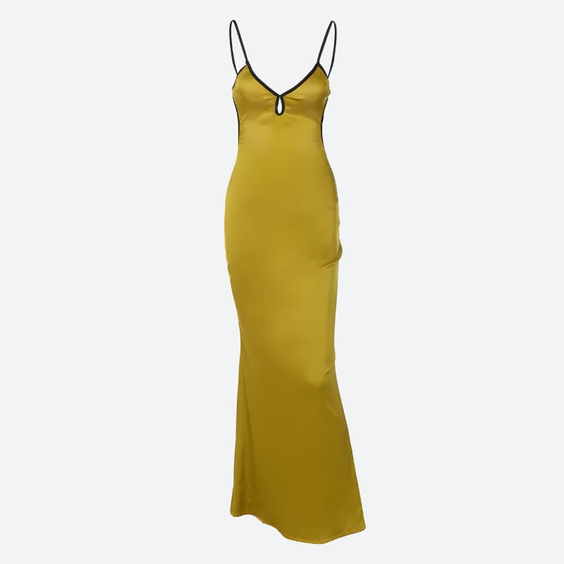 Keyhole Plunge Spaghetti Strap Open Back Satin Maxi Dress