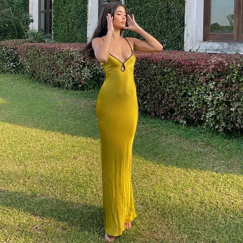 Keyhole Plunge Spaghetti Strap Open Back Satin Maxi Dress