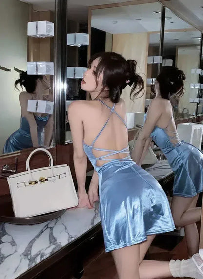 Cowl Neck Draped Spaghetti Strap Open-Back Satin Mini Dress