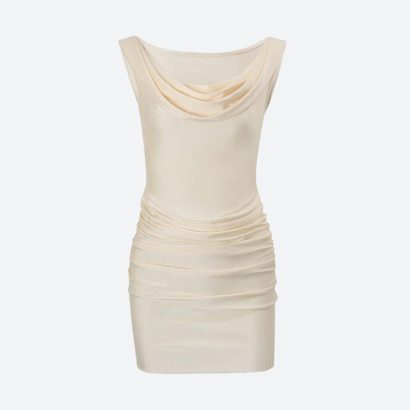 Off Shoulder Cowl Neck Side Ruched Satin Bodycon Mini Dress
