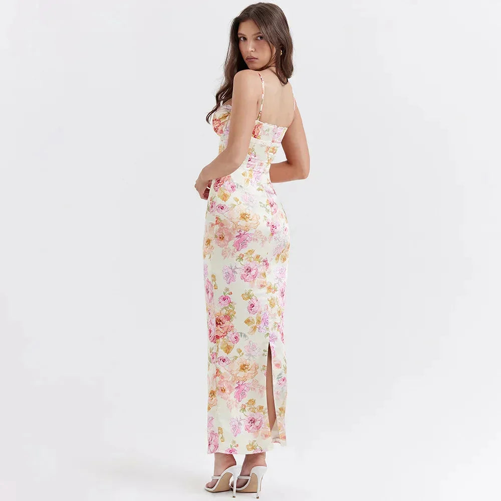 Floral Print Sweetheart Ruched Spaghetti Strap Satin Bodycon Maxi Dress