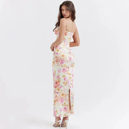 Floral Print Sweetheart Ruched Spaghetti Strap Satin Bodycon Maxi Dress