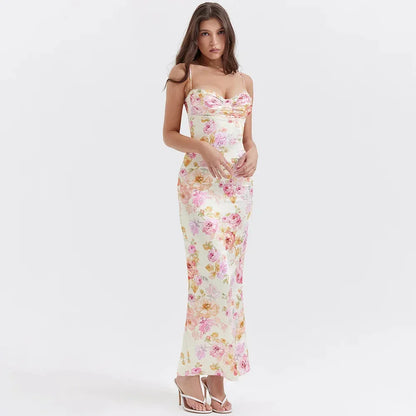 Floral Print Sweetheart Ruched Spaghetti Strap Satin Bodycon Maxi Dress