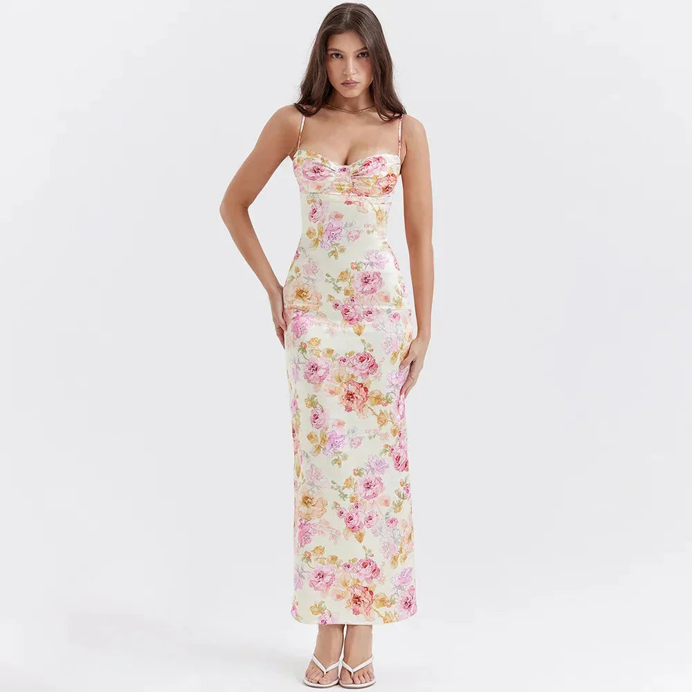 Floral Print Sweetheart Ruched Spaghetti Strap Satin Bodycon Maxi Dress