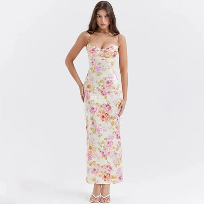 Floral Print Sweetheart Ruched Spaghetti Strap Satin Bodycon Maxi Dress