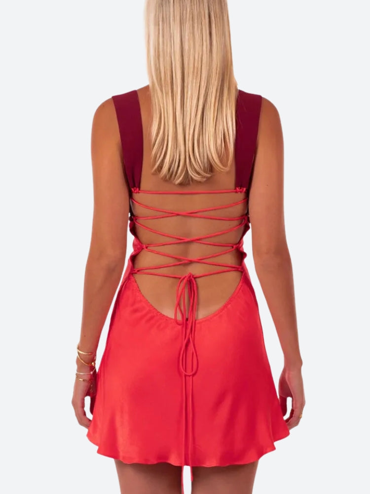 Sweetheart Twist Bodice Dual Strap Satin Ruffle Hem Mini Dress