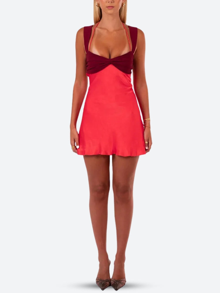 Sweetheart Twist Bodice Dual Strap Satin Ruffle Hem Mini Dress