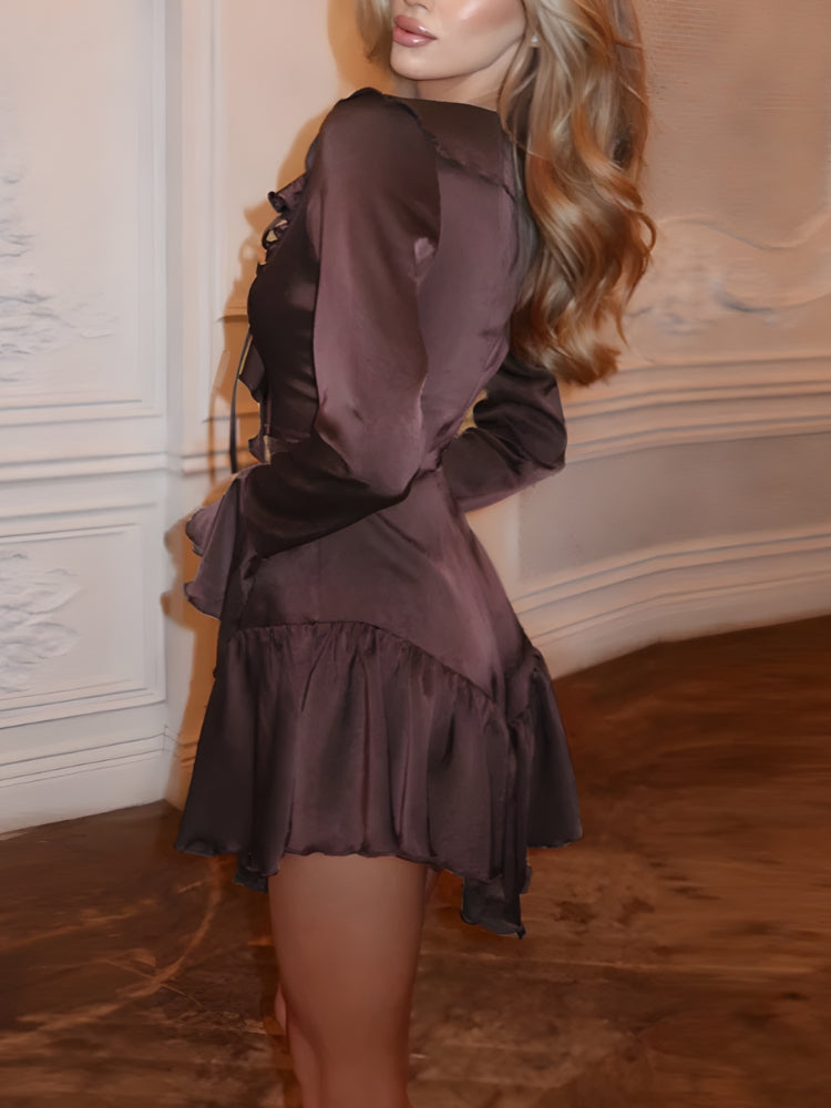 Satin Ruffle V Neck Tie Front Bell Sleeve Tiered Ruffle Mini Dress